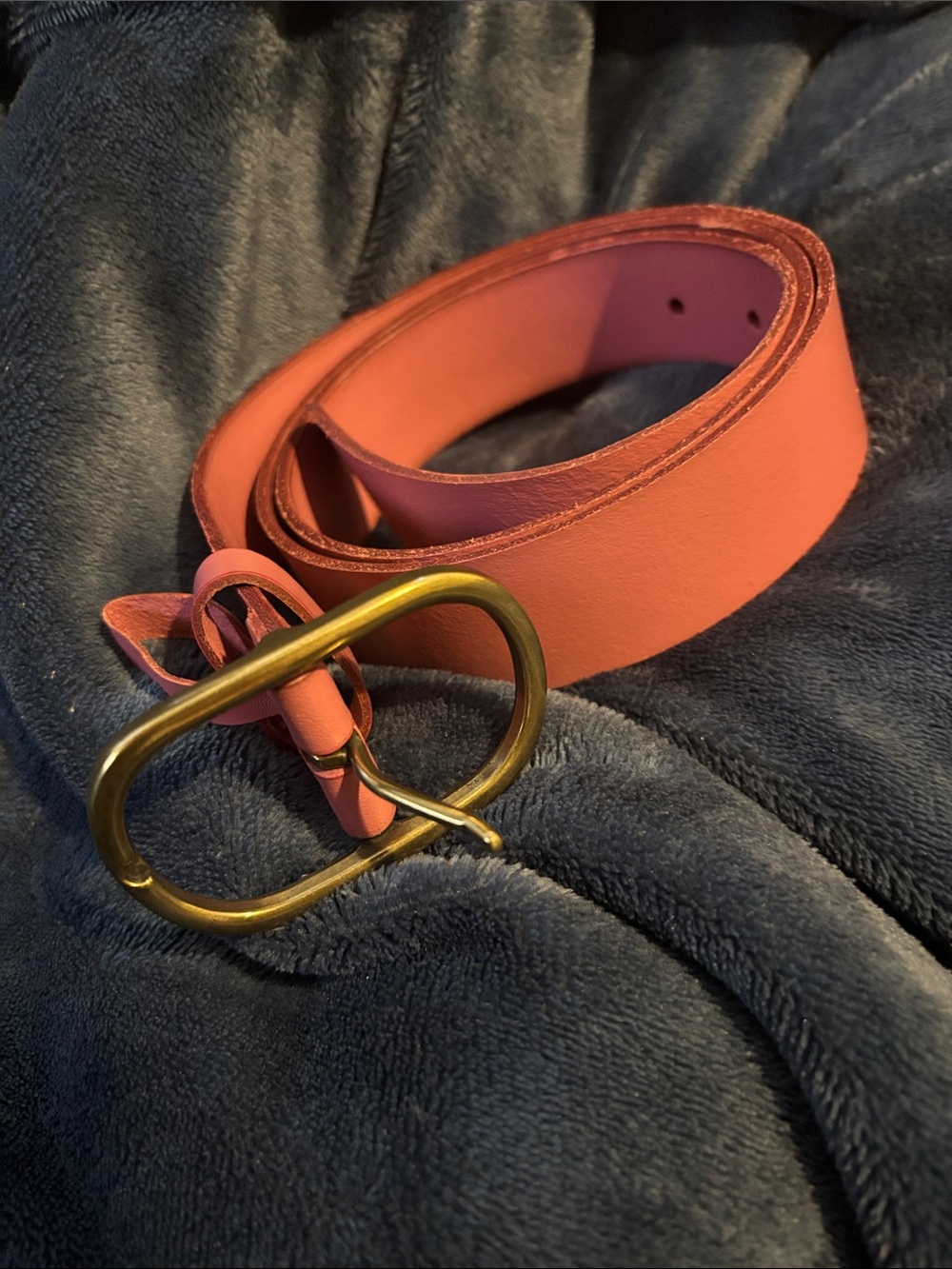 Anthropologie Coral Pink Leather Belt with Brass Oval Buckle